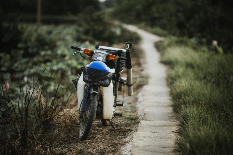 停放在绿草如茵的道路上的黑白摩托车的选择性对焦摄影|交通系统,冒险,动作,娱乐,小径,户外,摩托车,景观,木材,步道,混凝土,草地,车轮,车辆,选择性焦点,道路-海量高质量免版权图片素材-设计师素材-摄影图片-mitapix-美塔图像