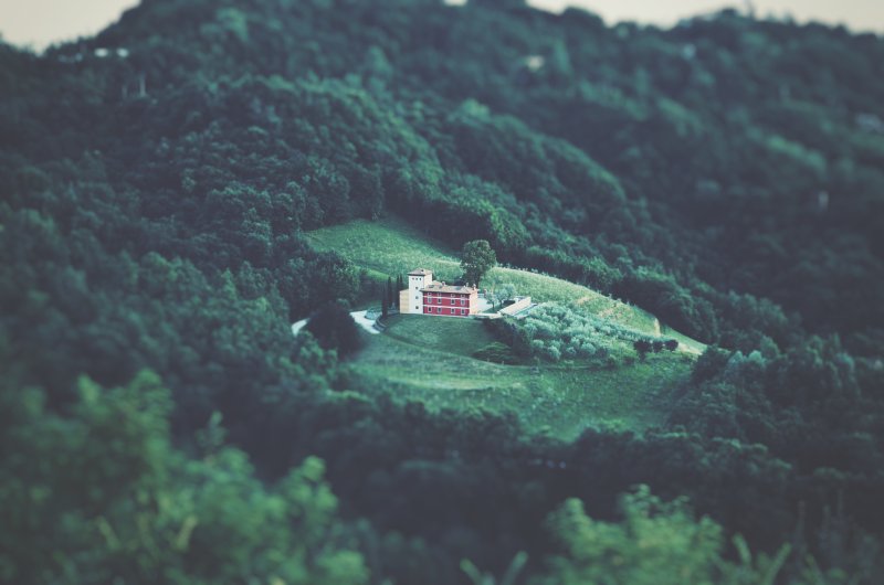 森林环绕白色建筑的平面摄影|山脉,建筑物,户外,树木,森林,白天,风景,鸟瞰-海量高质量免版权图片素材-设计师素材-摄影图片-mitapix-美塔图像