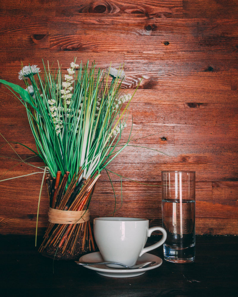 白色陶瓷茶杯和茶托附近的绿叶植物|乡村,墙壁,室内,房间,木头,木头墙,杯子,树叶,桌子,植物,灯光,玻璃,碟子,花朵,花瓶,静物,饮料-海量高质量免版权图片素材-设计师素材-摄影图片-mitapix-美塔图像