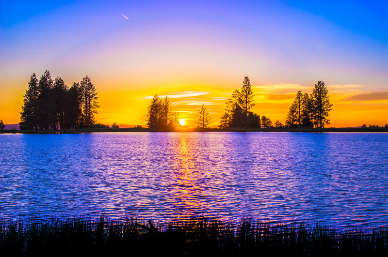 湖面上的蓝橙色夕阳映衬着树木的轮廓|傍晚,日出,日落,水,水景,湖泊,湖边,黄昏-海量高质量免版权图片素材-设计师素材-摄影图片-mitapix-美塔图像